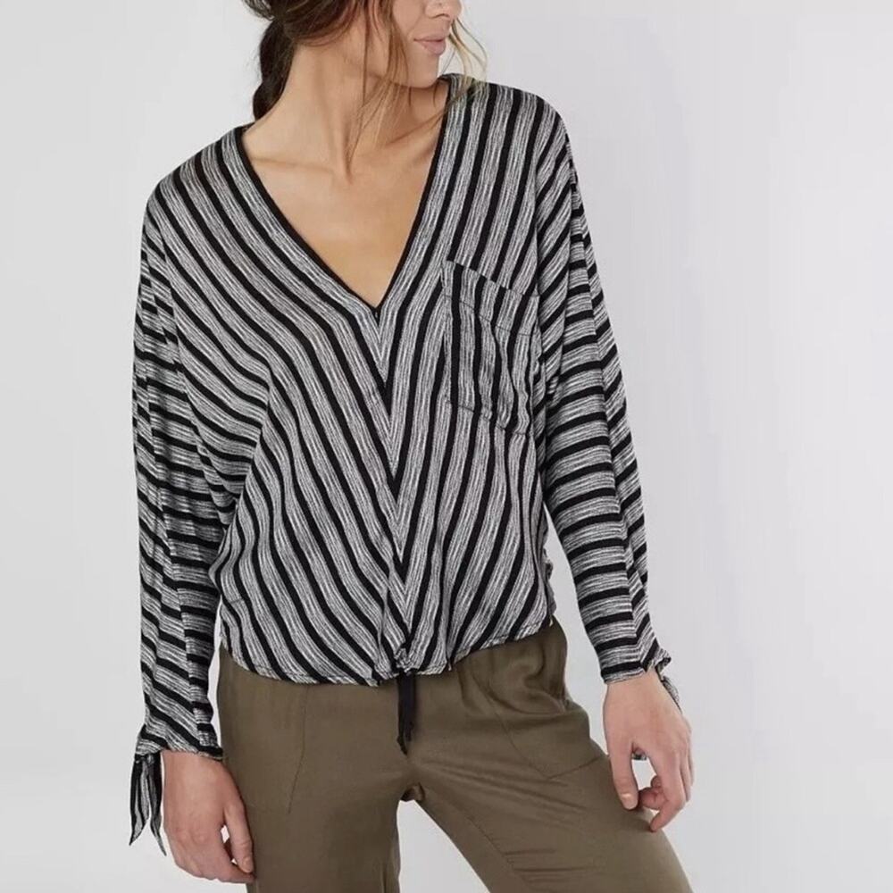 Free People Morning Stripe Dolman Tie Sleeve Top Navy White XS Boho Pocket